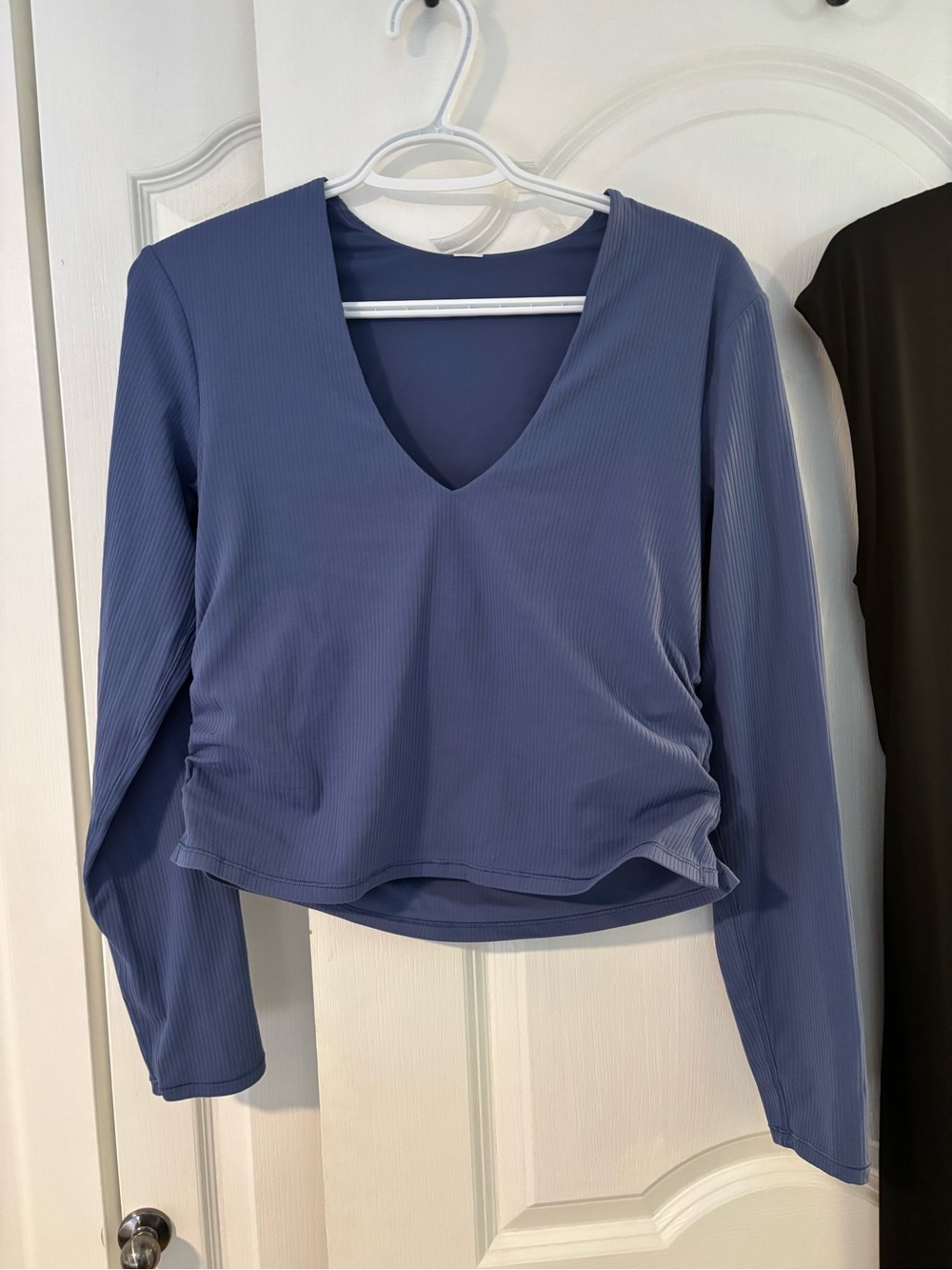 Women's V-Neck Long Sleeve Ribbed Top - Blue